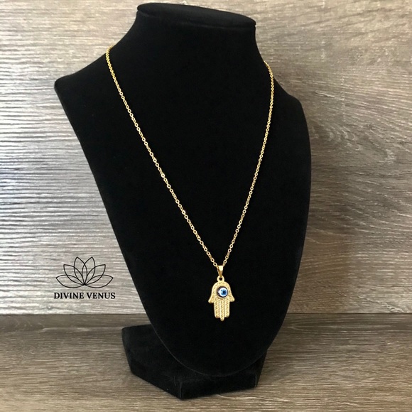 Hamsa Evil Eye Gold Plated Stainless Steel Neckace - Picture 5 of 5